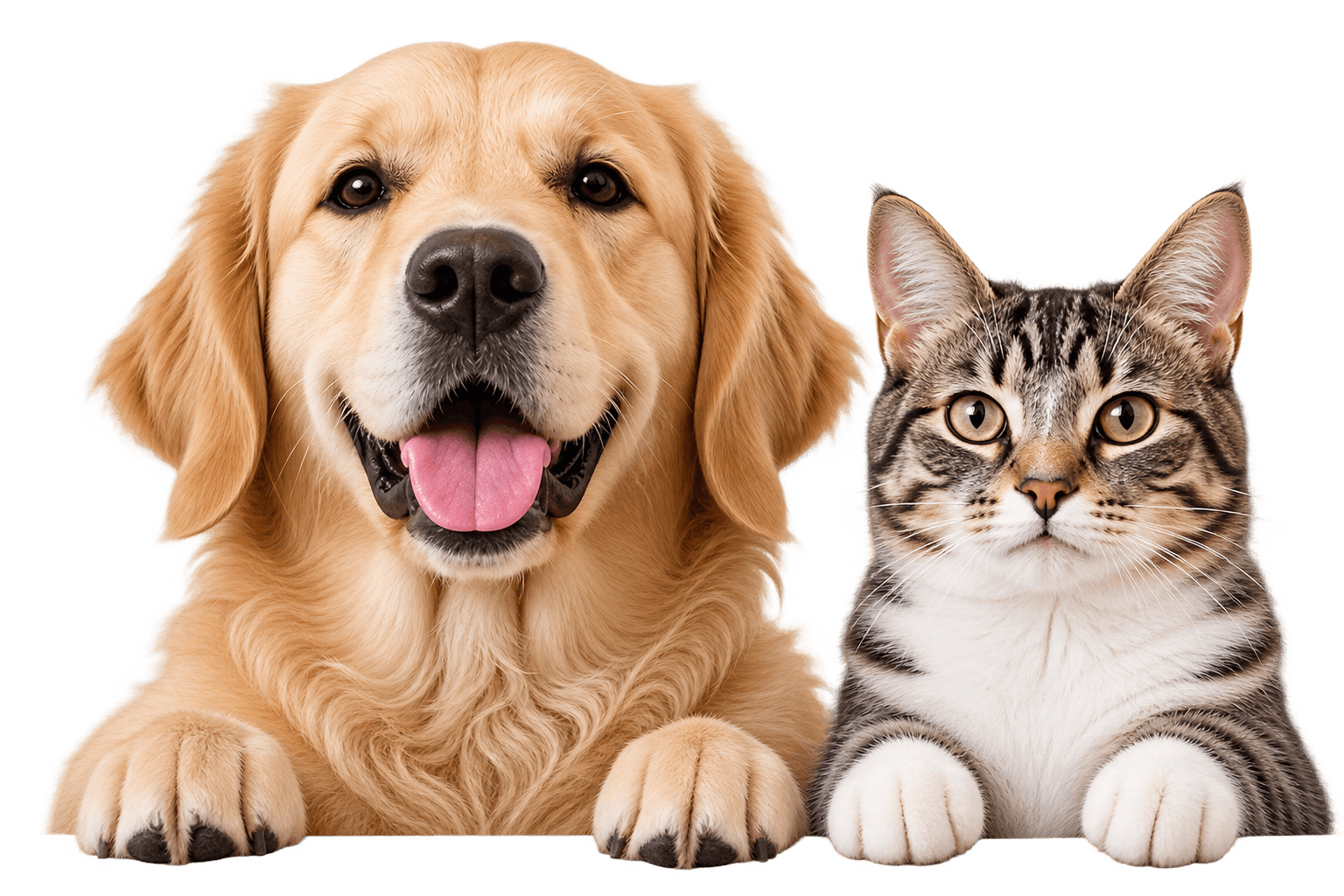 Um cão e um gato olhando atentamente para a câmera